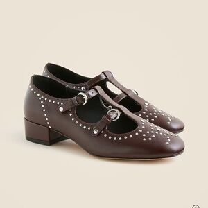J.Crew Teagan T-strap wing tip heels in patent leather Milan Brown